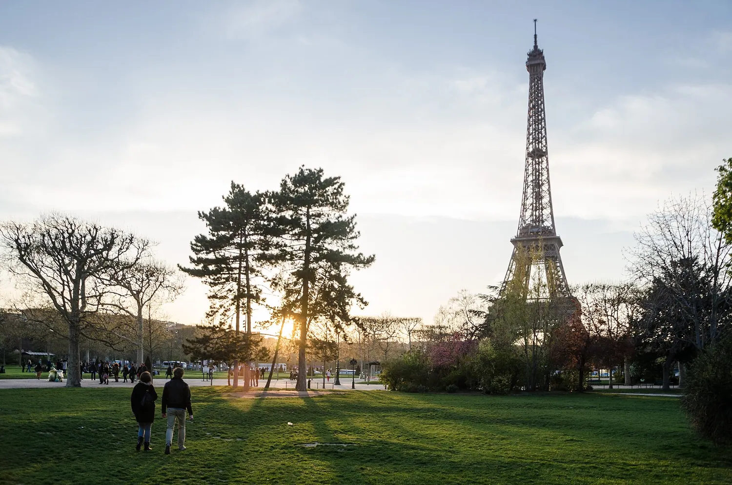 The Eiffel Tower at sunset from the Champ de Mars