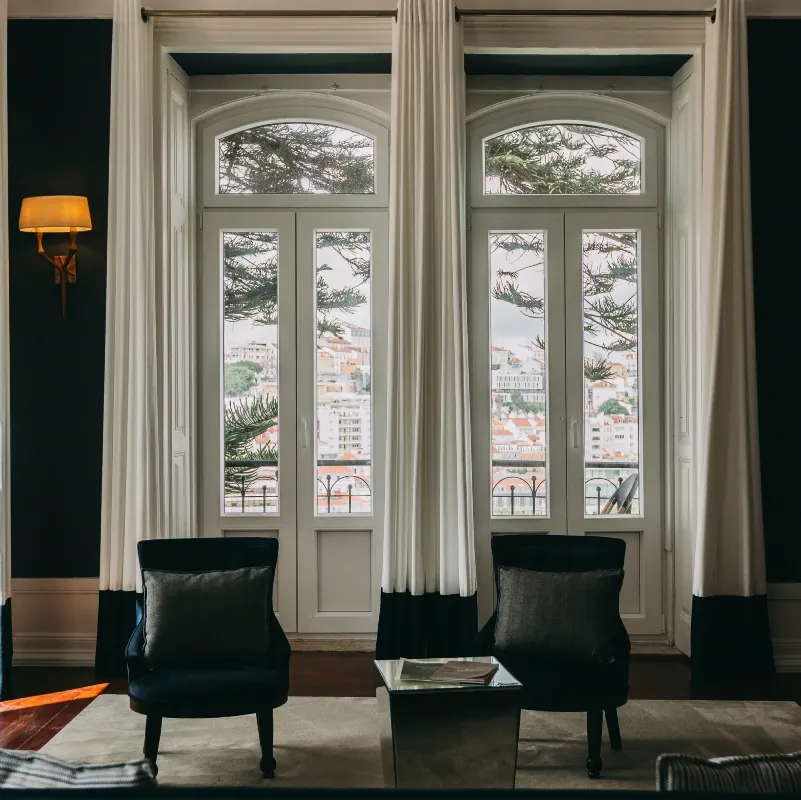 Dona Amelia seating area with tall arched doors