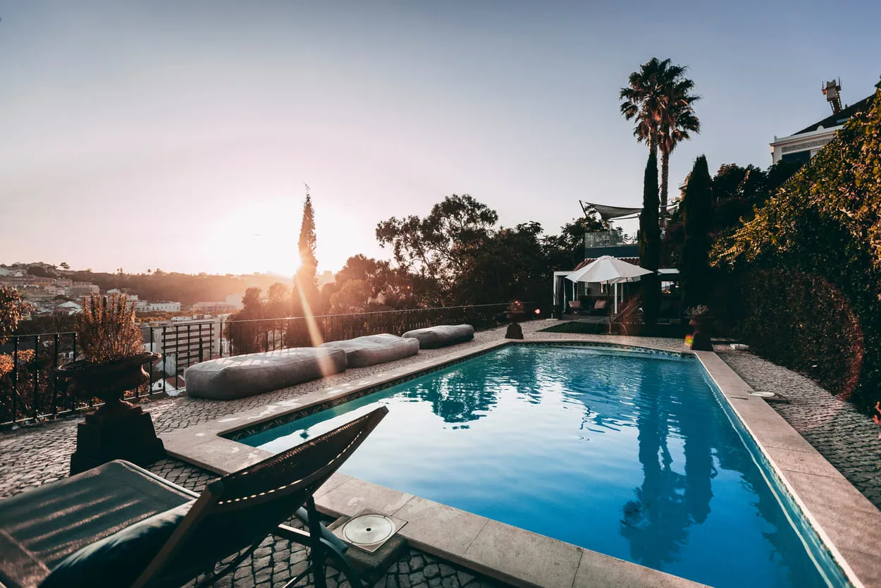 Torel terrace pool at sunset